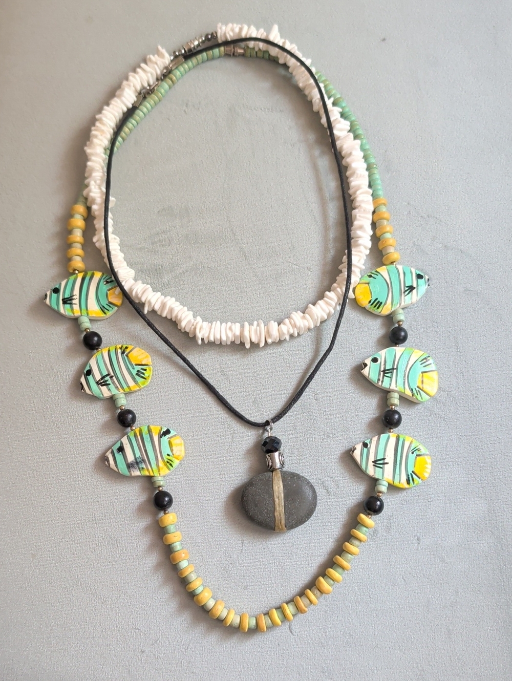 Coastal Fish Pendant Layered Necklace in Mint Green, Yellow & White- lot of 3